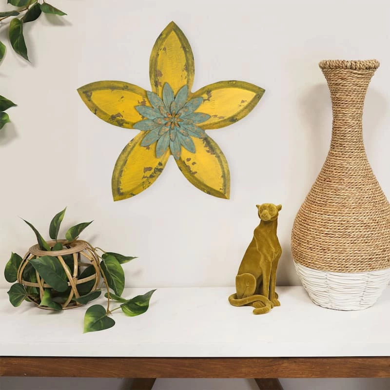 Distressed Yellow Wood Flower Wall Decor, 15" 4 Distressed Yellow Wood Flower Wall Decor, 15" - Image 2