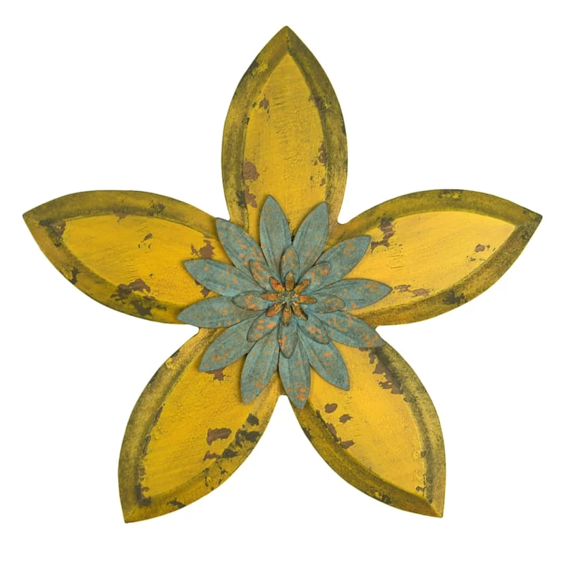Distressed Yellow Wood Flower Wall Decor, 15" 3 Distressed Yellow Wood Flower Wall Decor, 15"