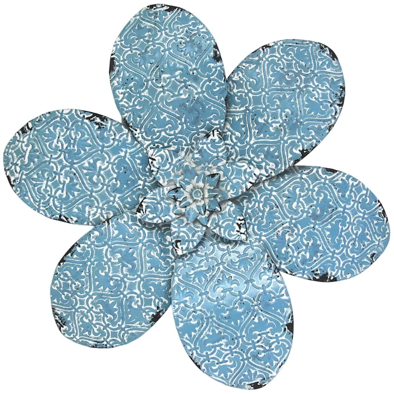 Embossed Blue Metal Flower Wall Decor, 16" 3 Embossed Blue Metal Flower Wall Decor, 16"