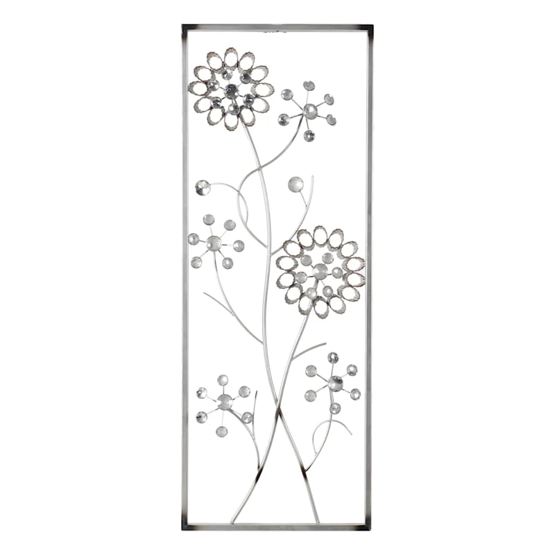 Framed Metal Sliver Flowers Wall Decor, 12x32 3 Framed Metal Sliver Flowers Wall Decor, 12x32