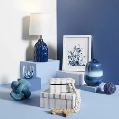 Honeybloom Ivory & Blue Striped Decorative Box, 6x5 -Home Decor Shop honeybloom ivory blue striped decorative box 6x5 6