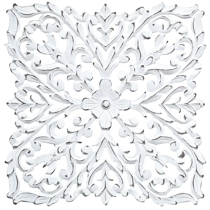 Moroccan Hand Carved White Wooden Panel Decor, 16" 3 Moroccan Hand Carved White Wooden Panel Decor, 16"